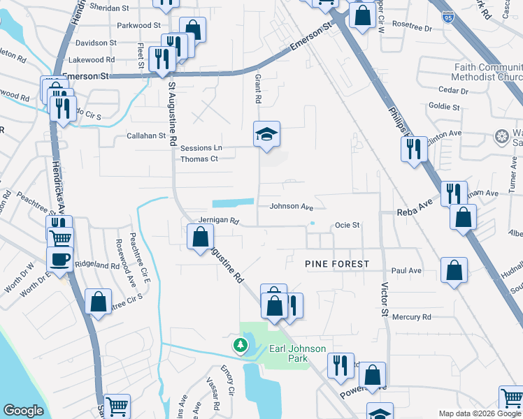 map of restaurants, bars, coffee shops, grocery stores, and more near 4148 Grant Road in Jacksonville