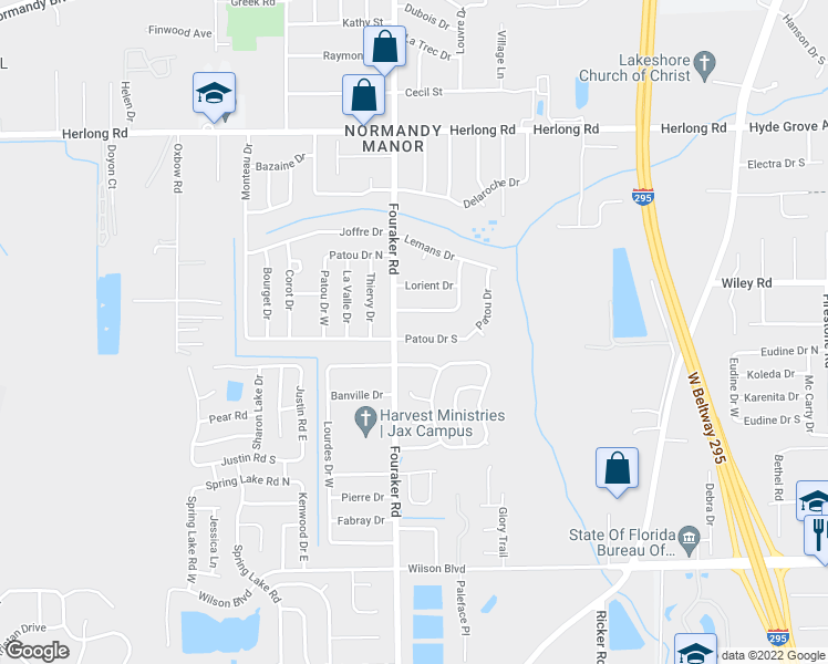 map of restaurants, bars, coffee shops, grocery stores, and more near 7939 Patou Drive South in Jacksonville