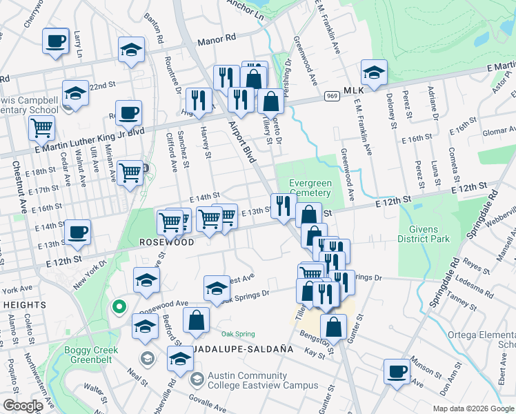 map of restaurants, bars, coffee shops, grocery stores, and more near 3100 East 13th Street in Austin