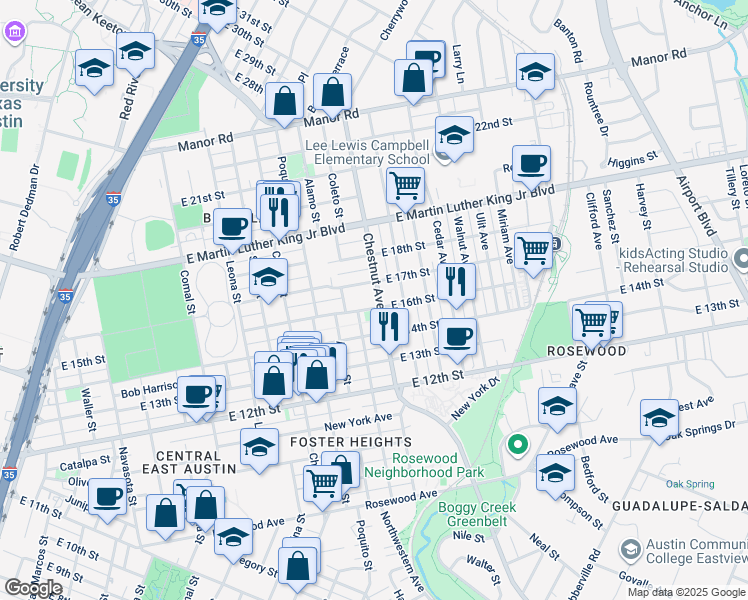 map of restaurants, bars, coffee shops, grocery stores, and more near 2114 East 16th Street in Austin