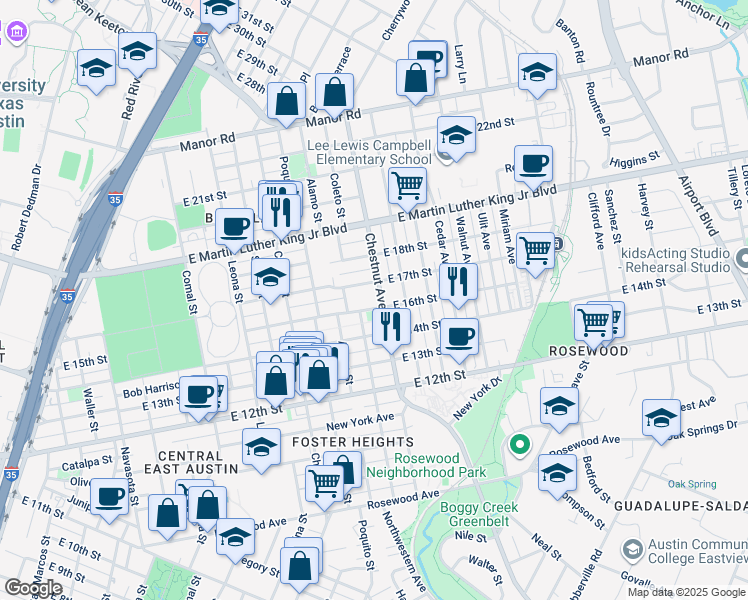 map of restaurants, bars, coffee shops, grocery stores, and more near 2114 East 16th Street in Austin