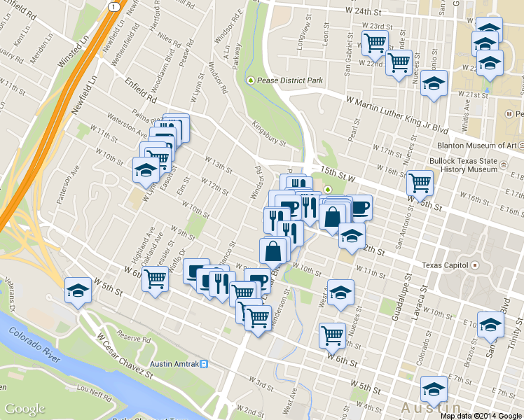 map of restaurants, bars, coffee shops, grocery stores, and more near 101 Castle Court in Austin