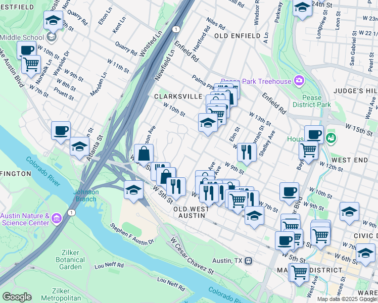 map of restaurants, bars, coffee shops, grocery stores, and more near 1614 West 8th Street in Austin
