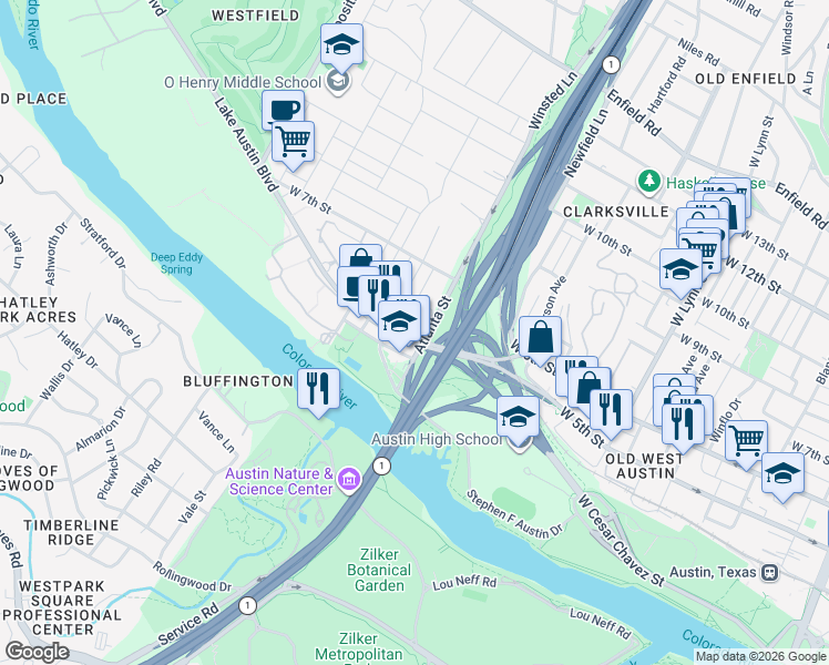map of restaurants, bars, coffee shops, grocery stores, and more near in Austin