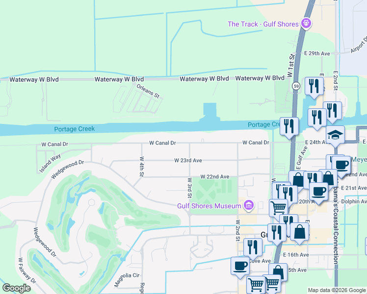 map of restaurants, bars, coffee shops, grocery stores, and more near 401 West Canal Drive in Gulf Shores