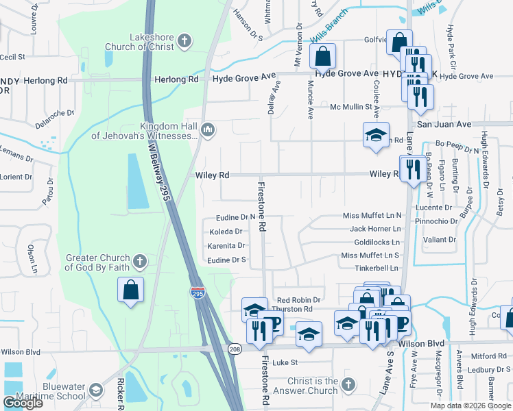 map of restaurants, bars, coffee shops, grocery stores, and more near 7104 Conant Avenue in Jacksonville