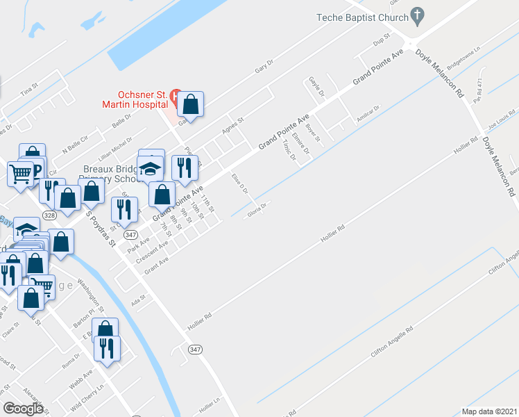 map of restaurants, bars, coffee shops, grocery stores, and more near 557 Elise D Drive in Breaux Bridge