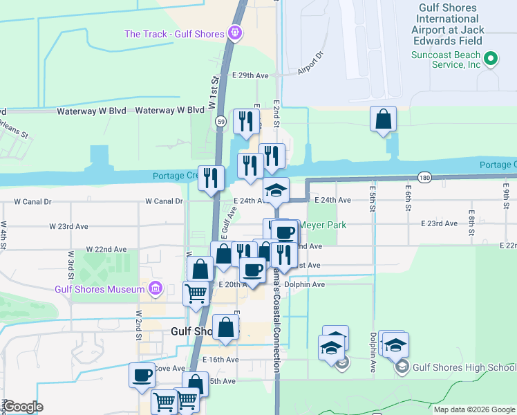 map of restaurants, bars, coffee shops, grocery stores, and more near 209 East 24th Avenue in Gulf Shores