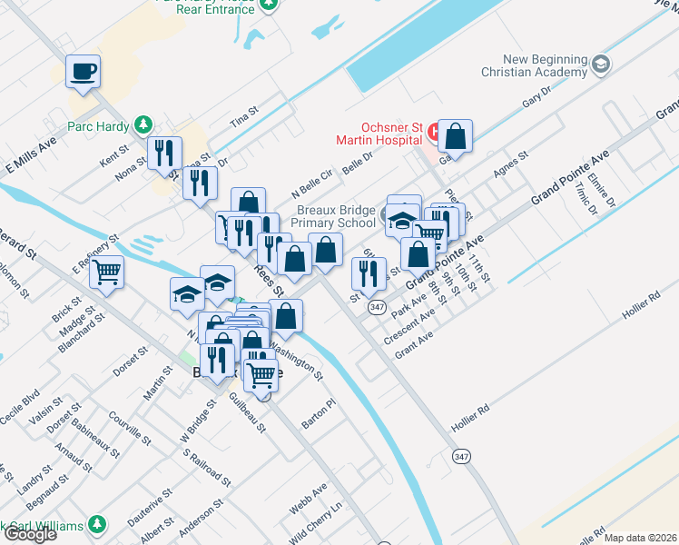 map of restaurants, bars, coffee shops, grocery stores, and more near 722 E Bridge St in Breaux Bridge