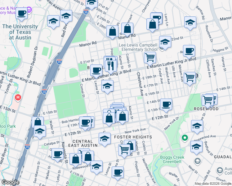 map of restaurants, bars, coffee shops, grocery stores, and more near 1607 Chicon Street in Austin