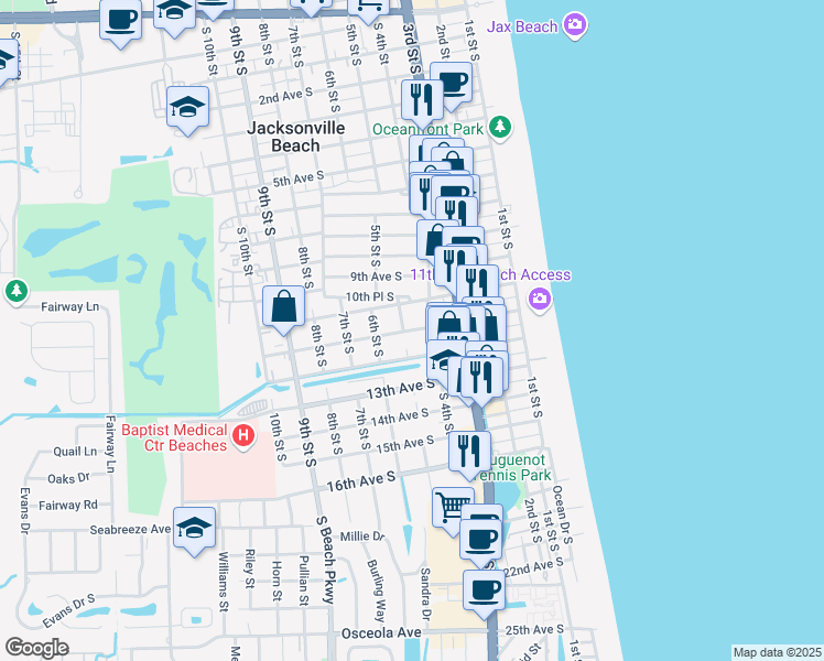 map of restaurants, bars, coffee shops, grocery stores, and more near 488 11th Avenue South in Jacksonville Beach