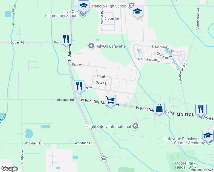 map of restaurants, bars, coffee shops, grocery stores, and more near 101-199 Mickey Road in Lafayette