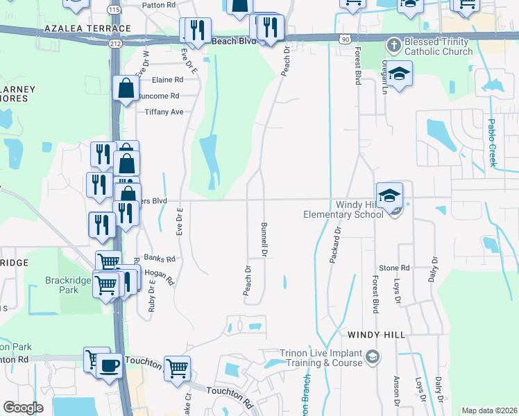 map of restaurants, bars, coffee shops, grocery stores, and more near 3812 Bunnell Drive in Jacksonville