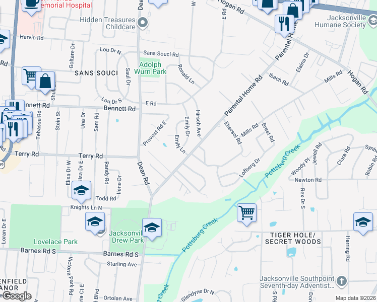 map of restaurants, bars, coffee shops, grocery stores, and more near 2558 Parental Home Road in Jacksonville