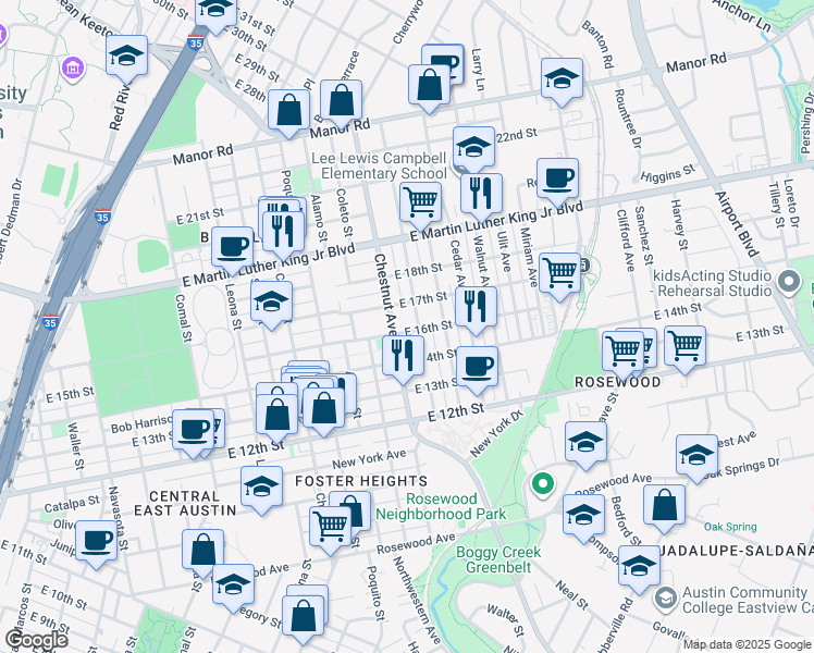 map of restaurants, bars, coffee shops, grocery stores, and more near 2304 East 16th Street in Austin