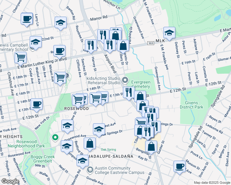 map of restaurants, bars, coffee shops, grocery stores, and more near 3100 East 13th Street in Austin