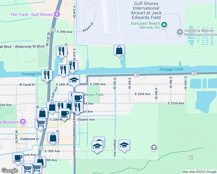 map of restaurants, bars, coffee shops, grocery stores, and more near 525 E 24th Ave in Gulf Shores