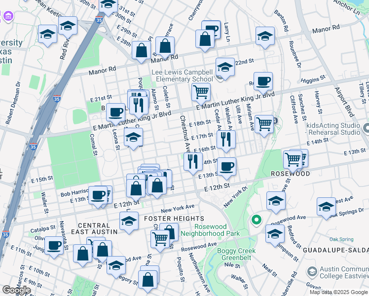map of restaurants, bars, coffee shops, grocery stores, and more near 2114 East 16th Street in Austin