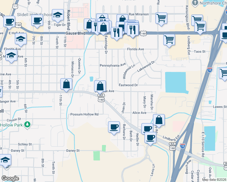 map of restaurants, bars, coffee shops, grocery stores, and more near 1449 Fremaux Avenue in Slidell