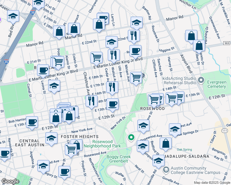 map of restaurants, bars, coffee shops, grocery stores, and more near 1410 Walnut Avenue in Austin