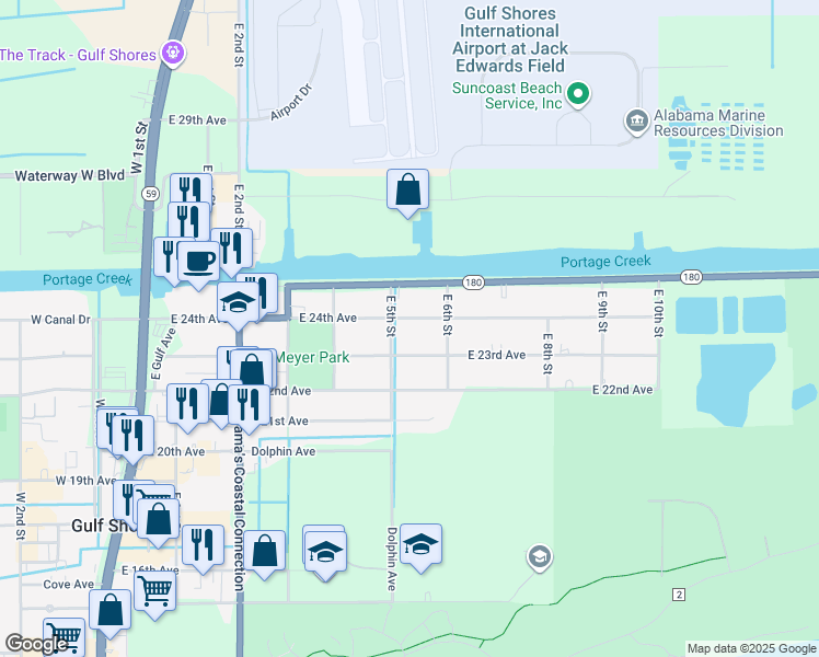 map of restaurants, bars, coffee shops, grocery stores, and more near 613 East 24th Avenue in Gulf Shores