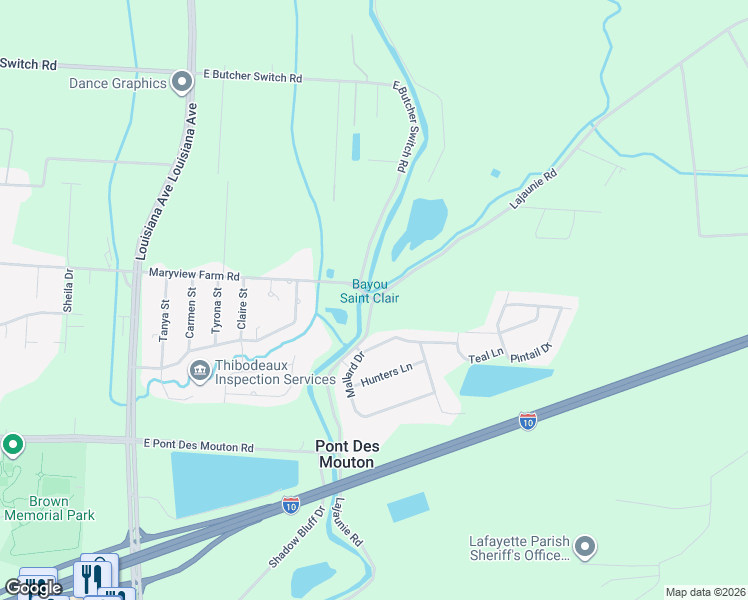 map of restaurants, bars, coffee shops, grocery stores, and more near 1020 Lajaunie Road in Lafayette