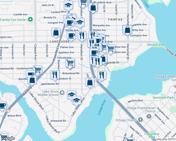 map of restaurants, bars, coffee shops, grocery stores, and more near 2243 Urban Road in Jacksonville