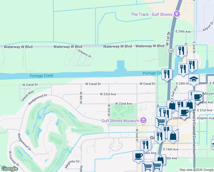 map of restaurants, bars, coffee shops, grocery stores, and more near 401 West Canal Drive in Gulf Shores