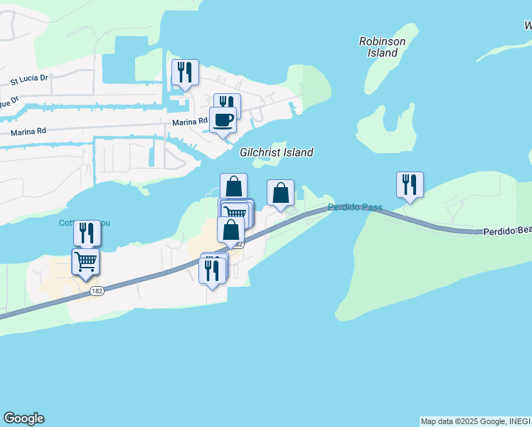 map of restaurants, bars, coffee shops, grocery stores, and more near 27405 Polaris Street in Orange Beach