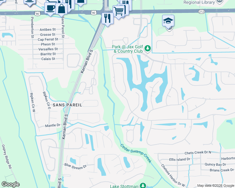 map of restaurants, bars, coffee shops, grocery stores, and more near 3844 Biggin Church Road West in Jacksonville