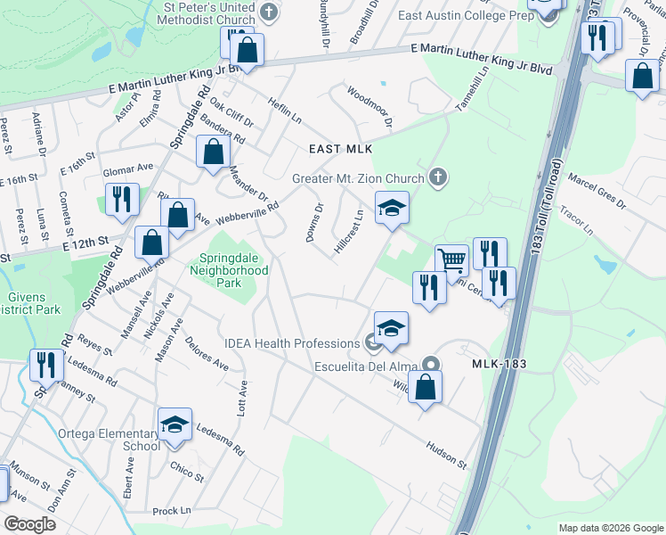 map of restaurants, bars, coffee shops, grocery stores, and more near 5503 Downs Drive in Austin