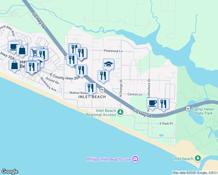 map of restaurants, bars, coffee shops, grocery stores, and more near 13161 U.S. 98 in Panama City Beach