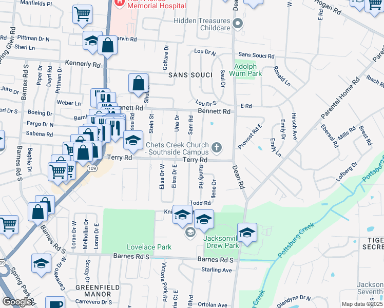 map of restaurants, bars, coffee shops, grocery stores, and more near 2551 Sam Road in Jacksonville