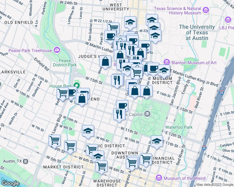 map of restaurants, bars, coffee shops, grocery stores, and more near 1402 San Antonio Street in Austin