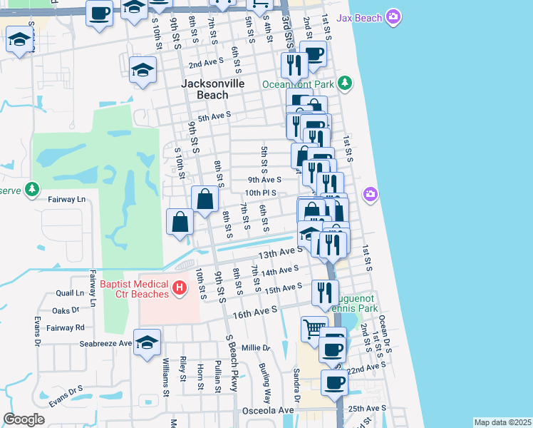 map of restaurants, bars, coffee shops, grocery stores, and more near 589 11th Avenue South in Jacksonville Beach