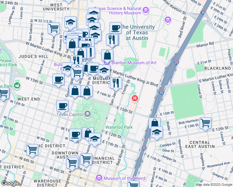 map of restaurants, bars, coffee shops, grocery stores, and more near 1607 San Jacinto Boulevard in Austin