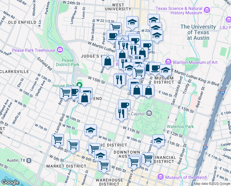 map of restaurants, bars, coffee shops, grocery stores, and more near 1402 San Antonio Street in Austin