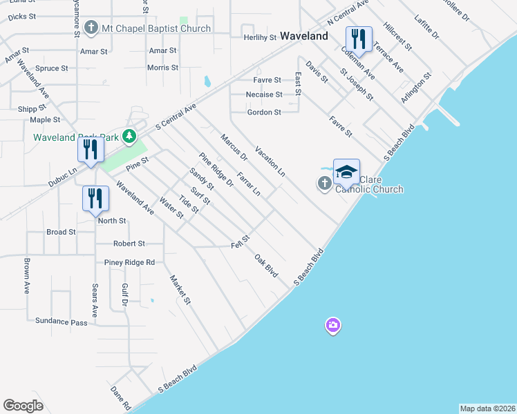 map of restaurants, bars, coffee shops, grocery stores, and more near 204 Pine Ridge Drive in Waveland