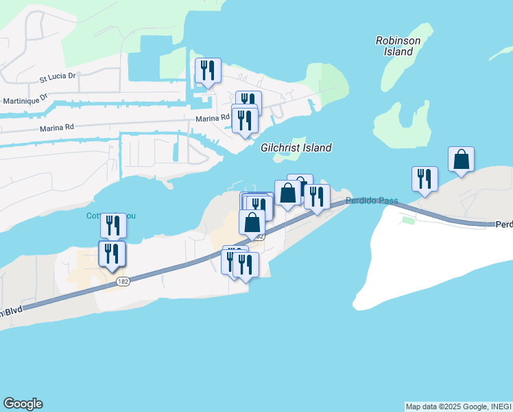 map of restaurants, bars, coffee shops, grocery stores, and more near 3699 Bayou Rd in Orange Beach