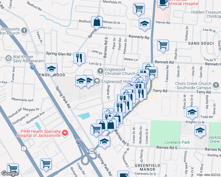 map of restaurants, bars, coffee shops, grocery stores, and more near 4446 Begbie Drive in Jacksonville