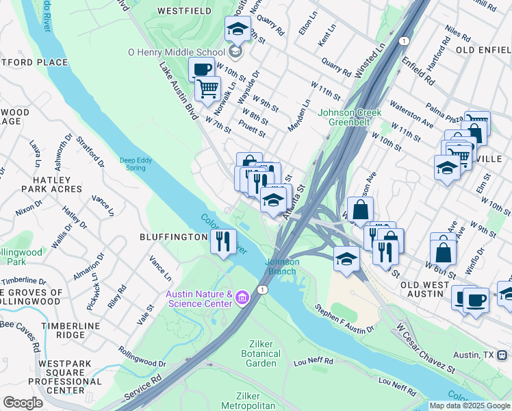 map of restaurants, bars, coffee shops, grocery stores, and more near 400 Deep Eddy Avenue in Austin