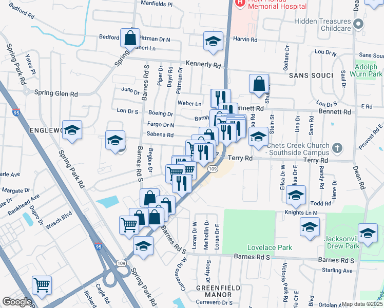 map of restaurants, bars, coffee shops, grocery stores, and more near 4432 Vinton Road in Jacksonville