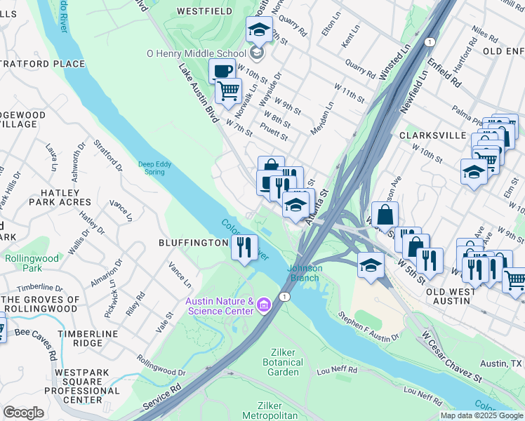 map of restaurants, bars, coffee shops, grocery stores, and more near 400 Deep Eddy Avenue in Austin