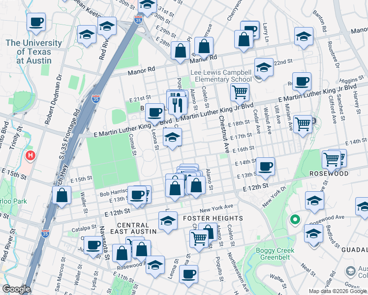 map of restaurants, bars, coffee shops, grocery stores, and more near 1903 East 17th Street in Austin
