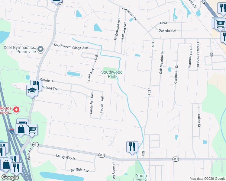 map of restaurants, bars, coffee shops, grocery stores, and more near 14274 Parkview Drive in Prairieville