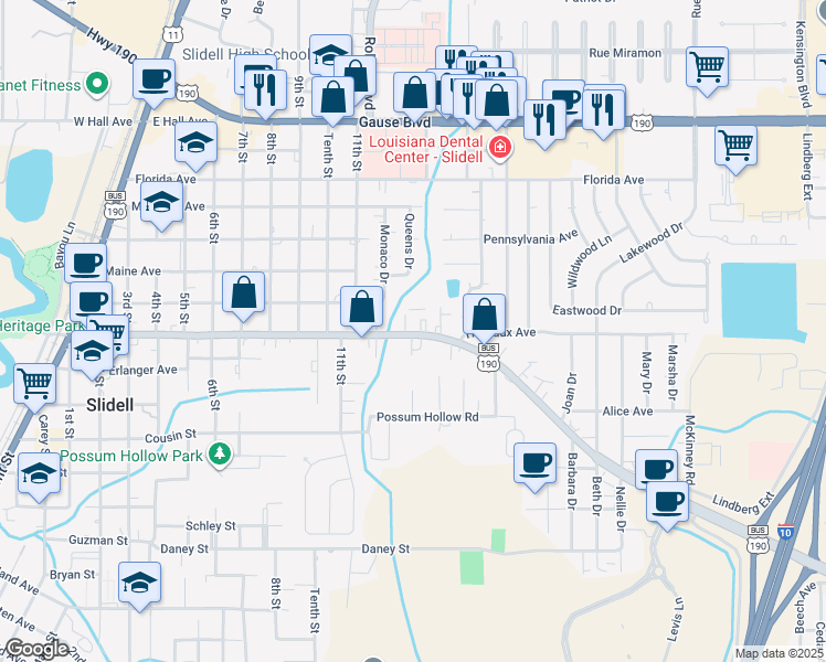 map of restaurants, bars, coffee shops, grocery stores, and more near 1228 Fremaux Avenue in Slidell