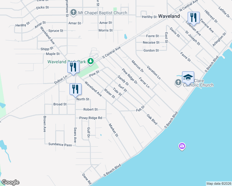 map of restaurants, bars, coffee shops, grocery stores, and more near 309 Tide Street in Waveland