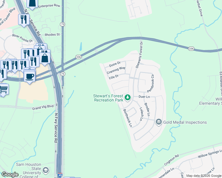 map of restaurants, bars, coffee shops, grocery stores, and more near 1906 Orkney Lane in Conroe