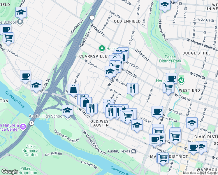 map of restaurants, bars, coffee shops, grocery stores, and more near 900 West Lynn Street in Austin