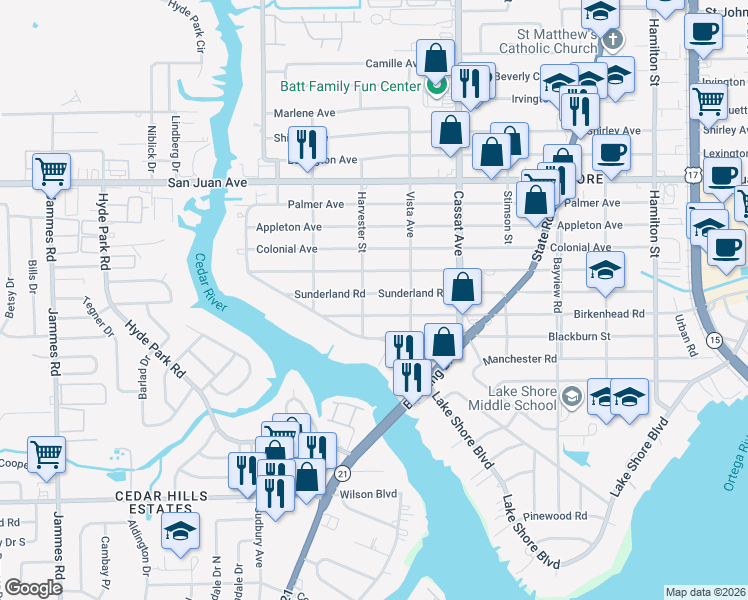 map of restaurants, bars, coffee shops, grocery stores, and more near 5133 Birkenhead Road in Jacksonville